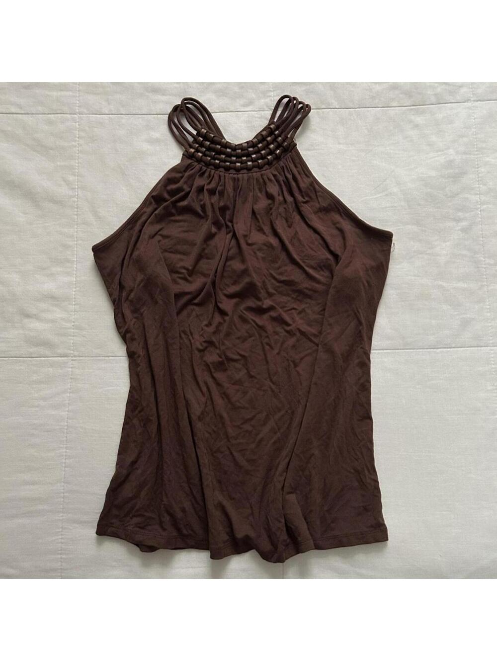 Michael Kors Brown strappy halter neck top with wooden beads woven detailing
